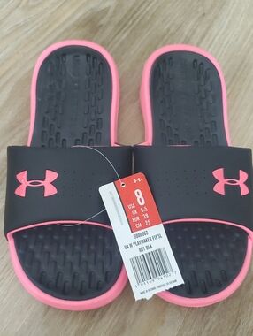 Under Armour Black and Pink Slide Sandals - Logo Detail. New.